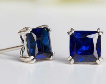 Square Sapphire Earrings - Lab-Grown 6mm Square Sapphire Stud Earrings Silver UK - Square Sapphire Studs - September Birthstone