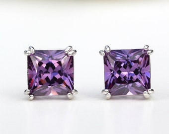 Cubic Zirconia 6mm Square Amethyst Stud Earrings Silver UK - Amethyst 6th 33rd Anniversary February Birthstone - CZ Square Amethyst Studs