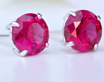 Big Ruby Earrings Silver - 8mm Round Lab-Grown Ruby Stud Earrings Silver UK -  Big 8mm Ruby Studs - Valentines Day Ruby Jewellery Jewelry UK