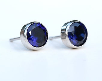 Blue Sapphire Stud Earrings Silver - 6mm Round Lab Grown Bezel Sapphire Studs - Sapphire 5th 15th 45th Anniversary September Birthstone