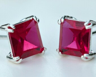 Square Ruby Earrings  - 7mm Square Lab Grown Ruby Stud Earrings Silver - Big Square Ruby Studs - Ruby 15th 40th Anniversary July Birthstone