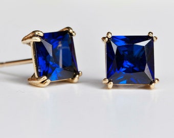 9ct Yell Gold 6mm Square Lab Grown Blue Sapphire Stud Earrings - Square Sapphire Studs  - Sapphire 5th 45th Anniversary September Birthstone