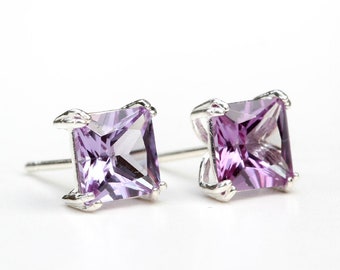 Alexandrite Oorbellen - 6mm Square Lab Grown Alexandrite Stud Oorbellen Zilver - Vierkante Alexandrite Studs - Alexandrite Birthstone June UK