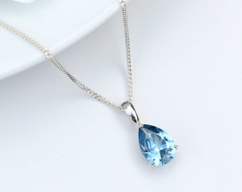 Lab Grown 10x7mm Aqua Blue Spinel Teardrop Pendant Silver - Aquamarine Spinel Teardrop Pendant Necklace  - Aquamarine March Birthstone