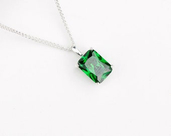 Cubic Zirconia 8x6mm Rectangle Emerald Green Pendant Necklace Silver - CZ Emerald Jewelry Jewellery -  May Birthstone Necklace Etsy UK