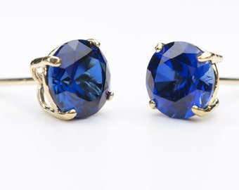 Sapphire Earrings Gold - 9ct Yell Gold 6mm Round Lab Grown Sapphire Stud Earrings - Sapphire 5th 15th 45th Anniversary  September Birthstone