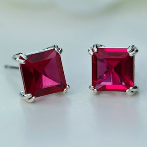 9-Carat White Gold 7mm Square Ruby Stud Earrings -  Lab Grown - Handcrafted in the UK