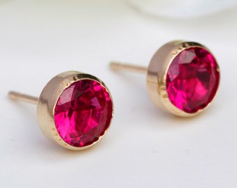 9ct Yellow Gold 7mm Round Lab Grown Bezel Set  Ruby Stud Earrings - Big 7mm  Ruby Studs - Ruby 20th 40th Wedding Anniversary July Birthstone