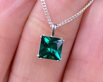 Emerald Necklace - 6mm Square Lab-Grown Emerald Pendant Necklace Silver UK - Emerald Solitaire Pendant - Emerald May Birthstone UK