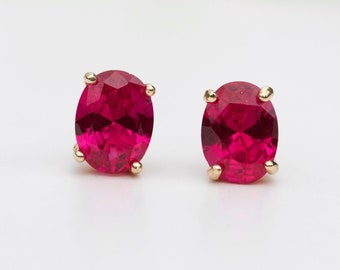 Oval Ruby Stud Earrings - 9ct Yellow Gold Lab Grown 8 x 6mm Oval Ruby Stud Earrings - Large Oval Ruby Studs -  Ruby 15th 40th Anniversary