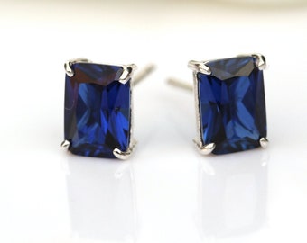 Blue Sapphire Earrings Silver - 7x5mm Rectangle Lab-Grown Blue Sapphire Studs Silver UK - Sapphire 5th 45th Anniversary September Birthstone