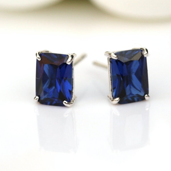 Blue Sapphire Earrings Silver - 7x5mm Rectangle Lab-Grown Blue Sapphire Studs Silver UK - Sapphire 5th 45th Anniversary September Birthstone