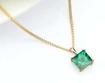 9-ct Yell Gold Lab Grown 6mm Square Emerald Pendant Necklace - Emerald Anniversary 16th 20th 35th - Emerald Jewelry Jewellery May Birthstone