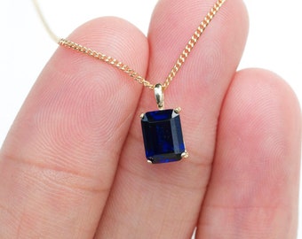 Sapphire Necklace - 9ct Gold Lab Grown 8x6mm Rectangle Sapphire Pendant - 5th 45th Sapphire Anniversary - Sapphire September Birthstone  D23