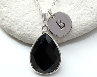Black Onyx Necklace - Black Onyx - Initial Necklace - Black Onyx Pendant - Black Onyx Silver Necklace - Black Onyx Teardrop - A36