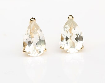 Pear white topaz studs  - 9ct Yellow Gold  8x5mm White Topaz Pear Shape Stud Earrings - White Topaz Clear Gemstone Studs - April Birthstone