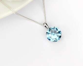 Aquauamarine Spinel Necklace Silver - 10mm Round Lab Grown Aqua Blue Spinel Pendant Silver UK - Aquamarine 19 Anniversary March Birthstone