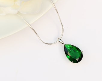 CZ Big Emerald Teardrop Pendant  - Cubic Zirconia 15x10mm Large Teardrop Emerald Pendant Necklace Silver - Emerald Jewellery Jewelry May