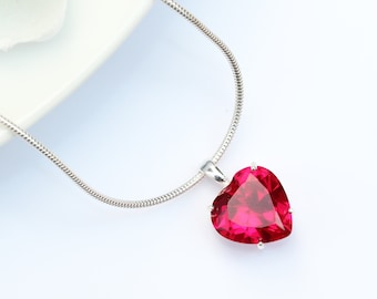 Large Ruby Heart Pendant Necklace, Sterling Silver, 12x12mm, Lab-Grown