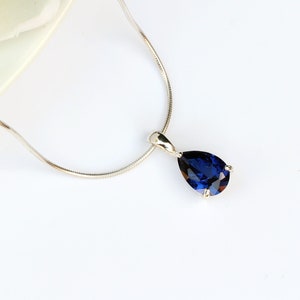 Lab Grown 10x7mm Blue Sapphire Teardrop Pendant Necklace Silver UK - Sapphire 5th 45th Anniversary Jewellery Jewelry September Birthstone UK