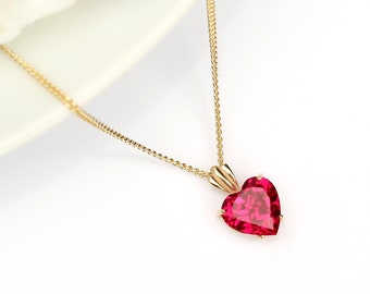 9-Carat Yellow Gold Ruby Heart Pendant Necklace, 8x8 mm, Lab-Grown
