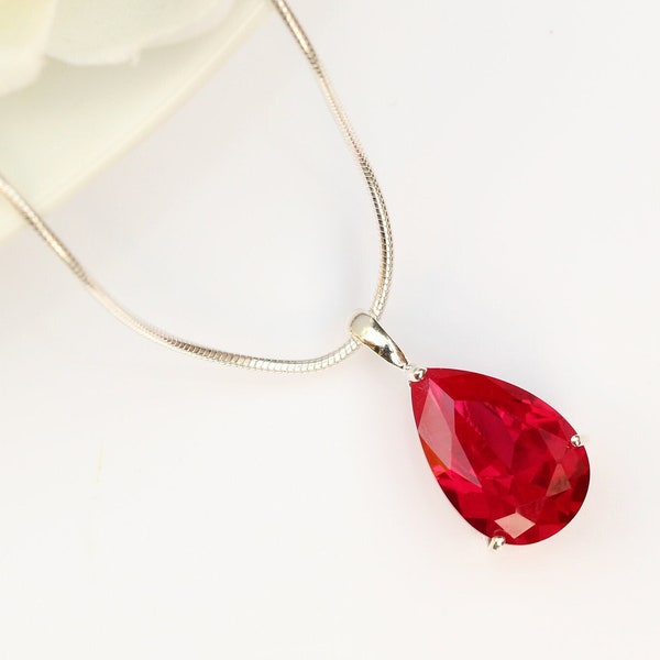 Genuine Mozambique Ruby and Lab Grown Diamond Silver Teardrop Pendant Necklace main image 0