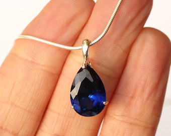 Big Blue Sapphire Teardrop Pendant - Lab Grown 15x10mm Blue Sapphire Teardrop Pendant Necklace - Sapphire Anniversary September Birthstone