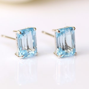 7x5mm Rectangle Lab-Grown Aqua Blue Spinel Stud Earrings Silver UK - Aquamarine Spinel Rectangle Stud Earrings - Aquamarine 19th Anniversary