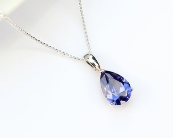 CZ Teardrop Tanzanite Necklace UK - Cubic Zirconia 10x7mm Tanzanite Teardrop Pendant Silver - Tanzanite 24th Anniversary December Birthstone