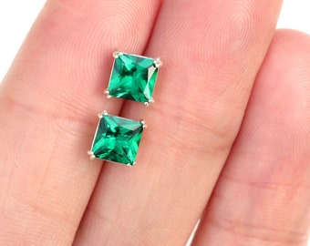 6mm Square Princess Cut Lab-grown Emerald Stud Earrings Silver UK - 6mm Emerald Earrings -  Emerald 20th 35th Anniversary May Birthstone UK