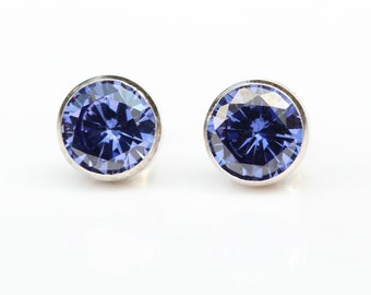 CZ Tanzanite Earrings UK - Cubic Zirconia 9ct White Gold 6mm Round Bezel Tanzanite Studs - Tanzanite 24th Anniversary December Birthstone