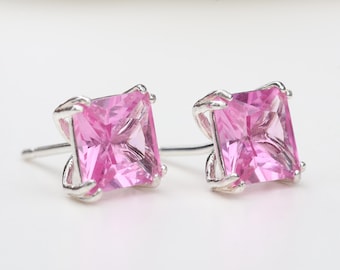 Pendientes de zafiro rosa de plata de 6 mm cuadrados, cultivados en laboratorio