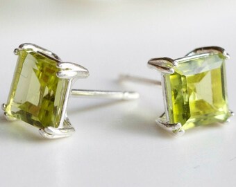 Cubic Zirconia 7mm Square Peridot Earrings Silver - Large Big CZ Square Peridot Studs  - Peridot 16th Anniversary - August Birthstone - D79