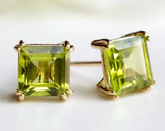 Natural Peridot Stud Earrings - 9ct Yellow Gold 4mm Square Peridot Stud Earrings - Dainty 4mm Peridot Studs Gold -  August Birthstone - A43