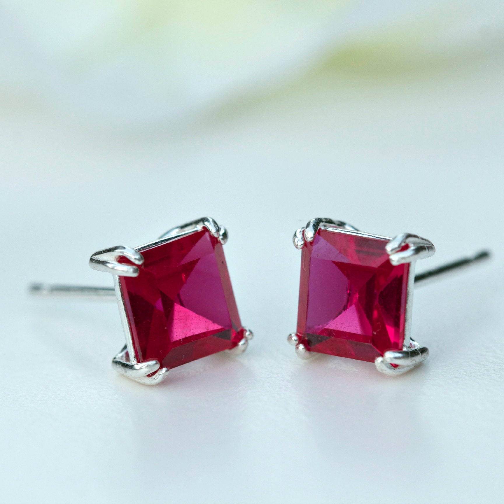 Square Ruby Necklace Silver Lab Grown 6mm Square Ruby 