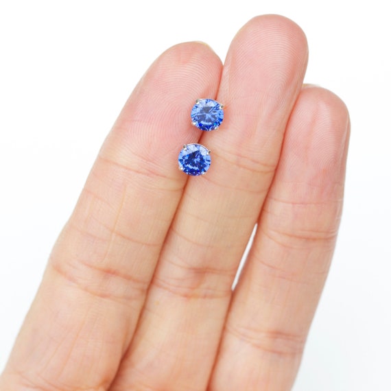 Tanzanite Cubic Zirconia Sterling Silver Stud Earrings - 6mm Round - UK