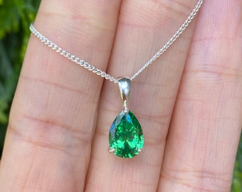 Cubic Zirconia 10x7mm Emerald Teardrop Pendant Necklace Silver - CZ Emerald Necklace -  CZ Emerald Jewelry Jewellery May Birthstone Etsy UK