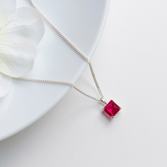Square Ruby Necklace Silver Lab Grown 6mm Square Ruby 