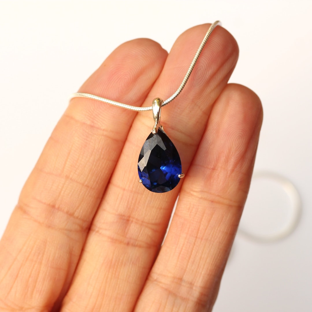 Big Blue Sapphire Teardrop Pendant Lab Grown 15x10mm Blue Sapphire