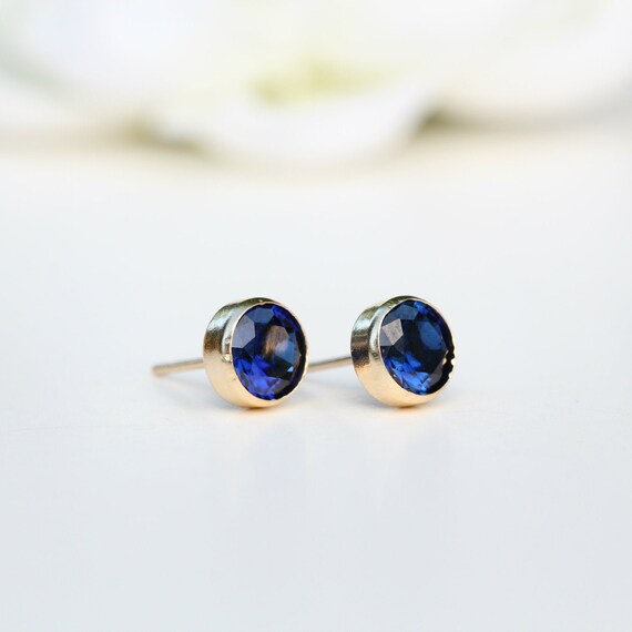 Sapphire Earrings Gold UK 9ct Yellow Gold 6mm Round Bezel Blue