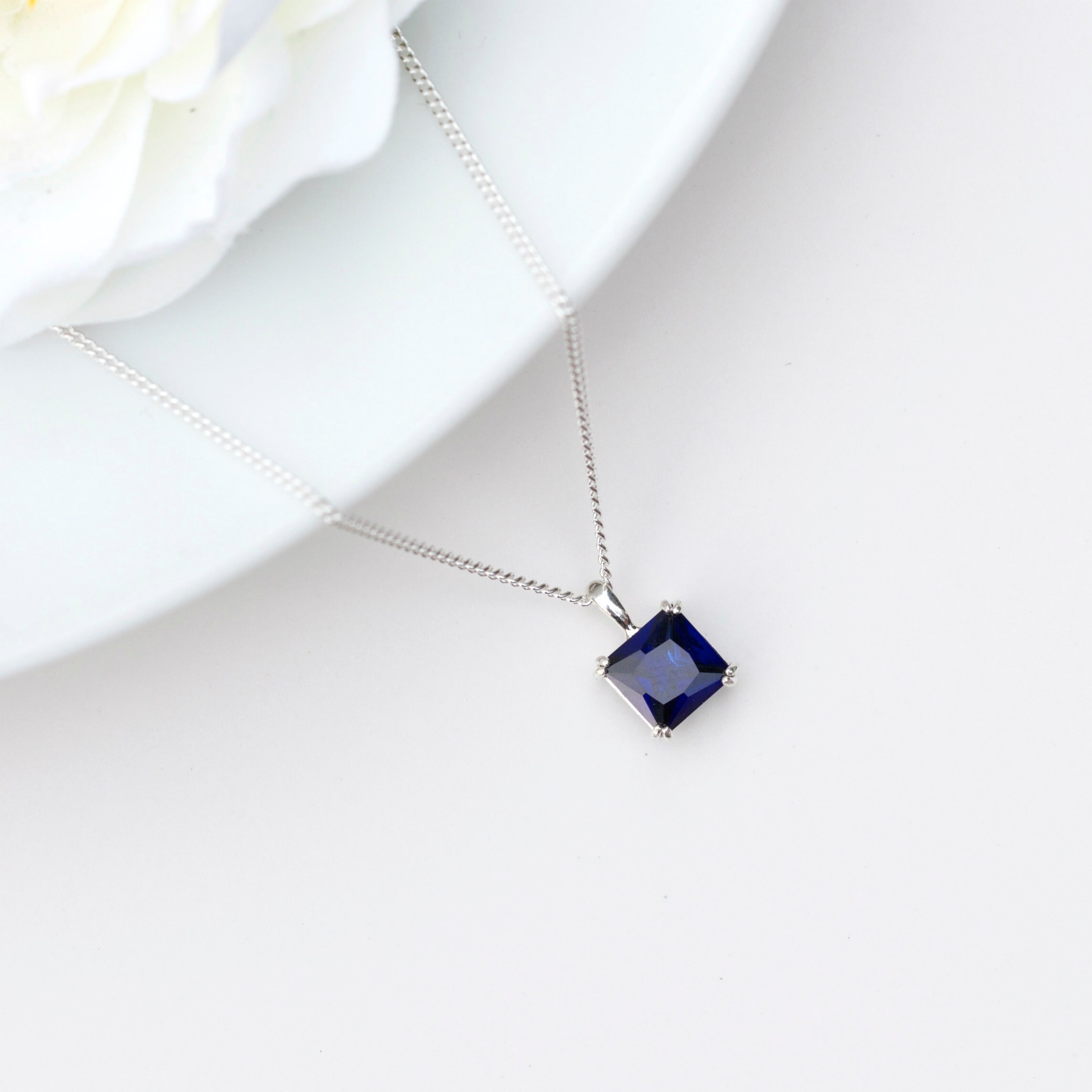 Sapphire Necklace Silver 6mm Square Sapphire Pendant Silver Etsy