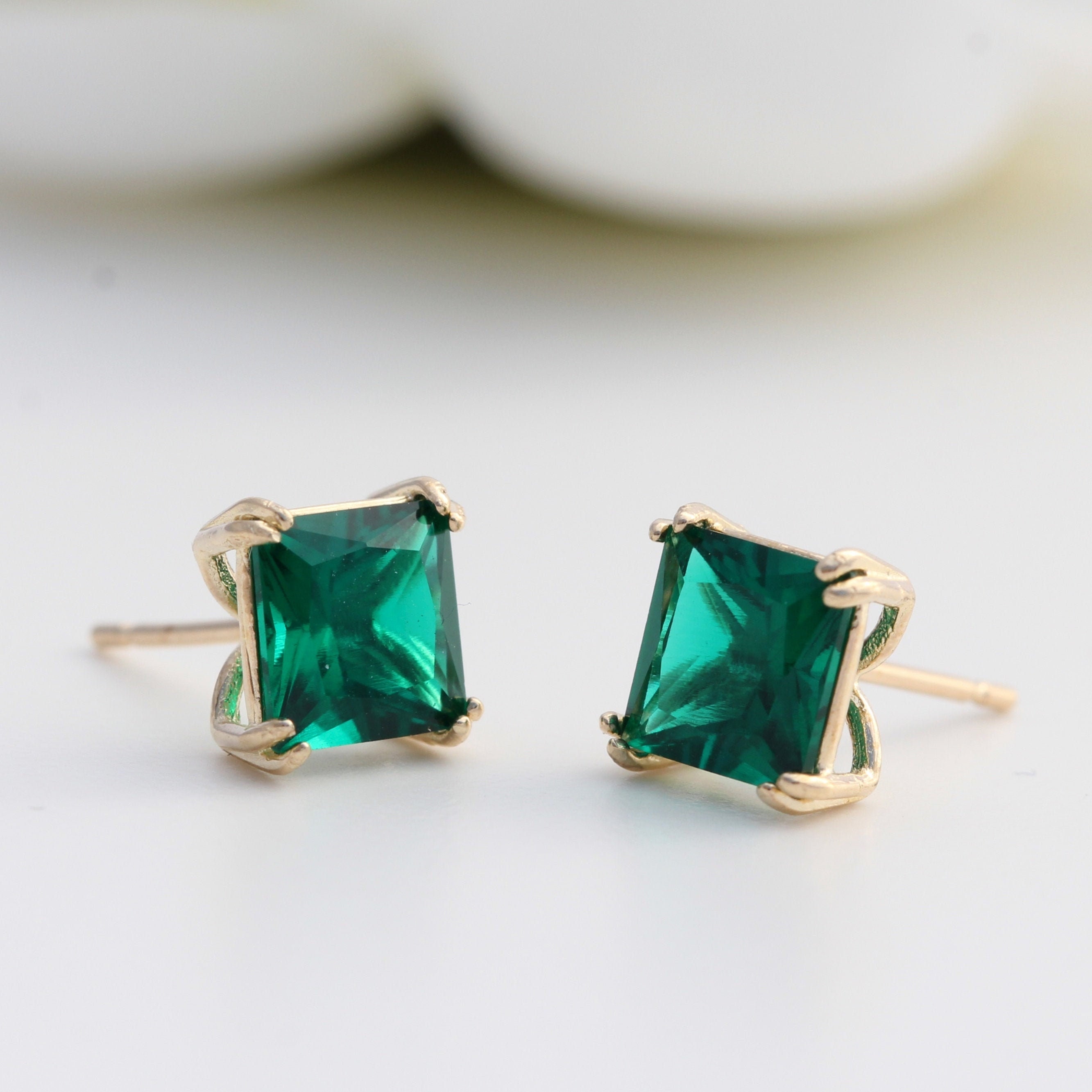 Square Emerald Stud Earrings Gold 9ct Yell Gold 6mm Square AAA Lab