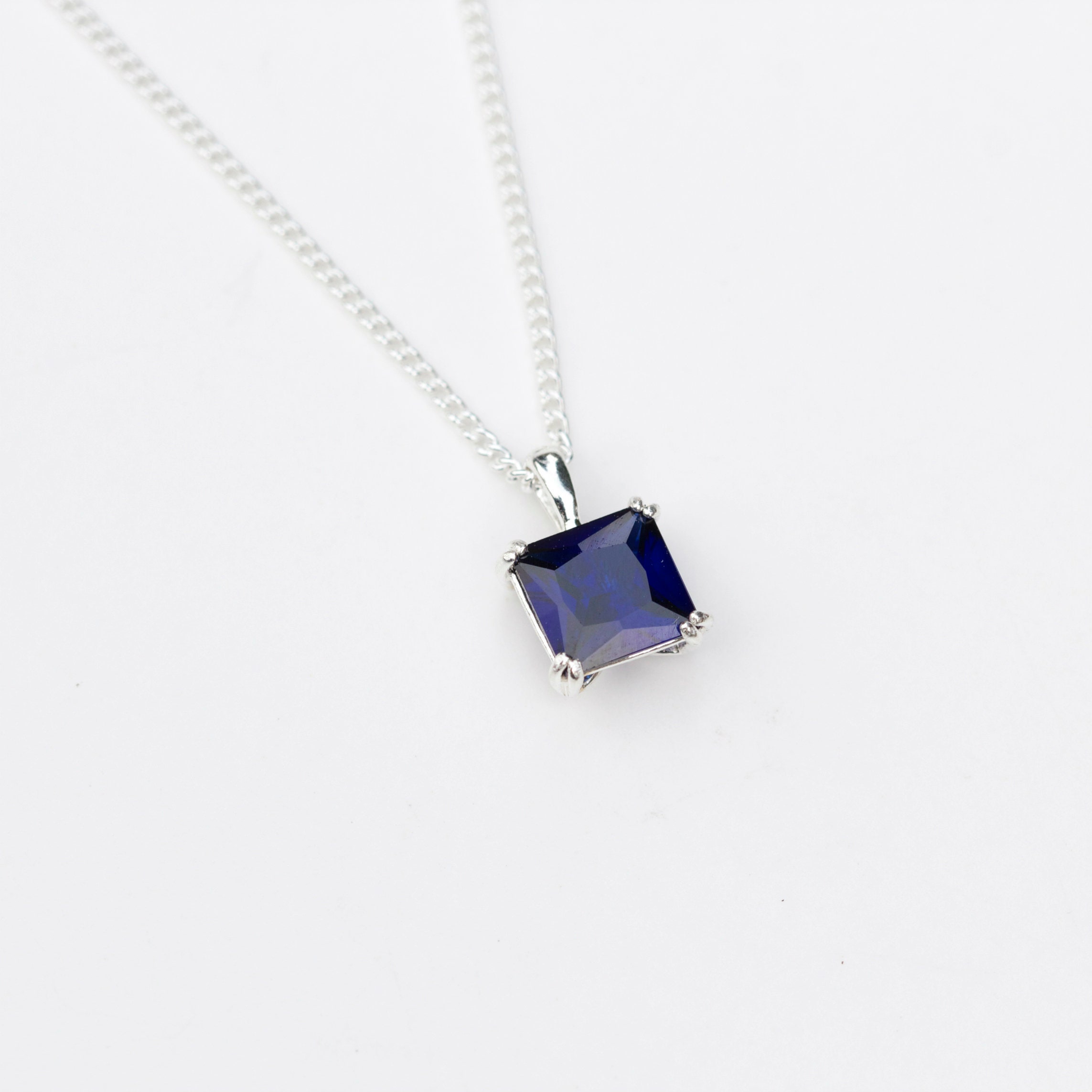 Sapphire Necklace Silver 6mm Square Sapphire Pendant Silver Etsy