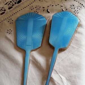 Vanity Tabletop Mirror Vintage Art Deco Blue Enamel Hand Mirror Brush Dressing Table Set Bevelled Mirror Vintage Bedroom Vintage Vanity Set