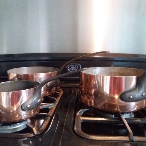 Antique French Copper Saucepans Set of 3 Copper Pans Cast Iron Handles Heavy Professional shops Copper Saucepans French Traditional Kitchen