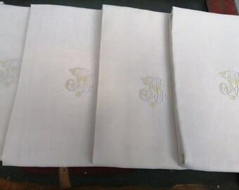 Vintage-6 Art Nouveau linen napkins-in-the-original-state-monogram MK-large English roses with leaves-meanders-France around 1900