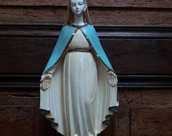 Virgin Mary Altar Statue 12 inch French Vintage Our Lady Plaster Statue Shabby Statue Religious Virgin Mary Catholic Devotional Church Decor