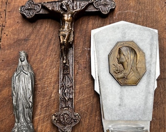 French Antique Virgin Mary Holy Water Font Crucifix Set of 3 Religious Items Wall Hanging Cross Benitier ND de Lourdes Devotional Catholic