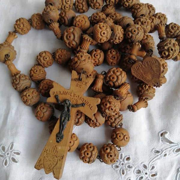 Antique French Rosary Extra Large 42" Wooden Prayer Beads Catholic 1900s Religious Decor Nun's Monastery Rosary Devotional Jesus Christ