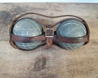 French Vintage Petanque boules/bowling balls. Set of two steel balls in leather case. Popular French game balls. Vintage French sport game